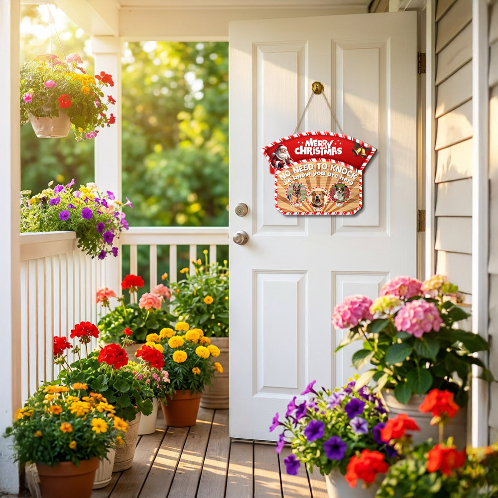 Personalized Christmas Pet Door Sign – “No Need to Knock, We Know You Are Here” – Cat or Dog Wooden Sign - Upload Photo