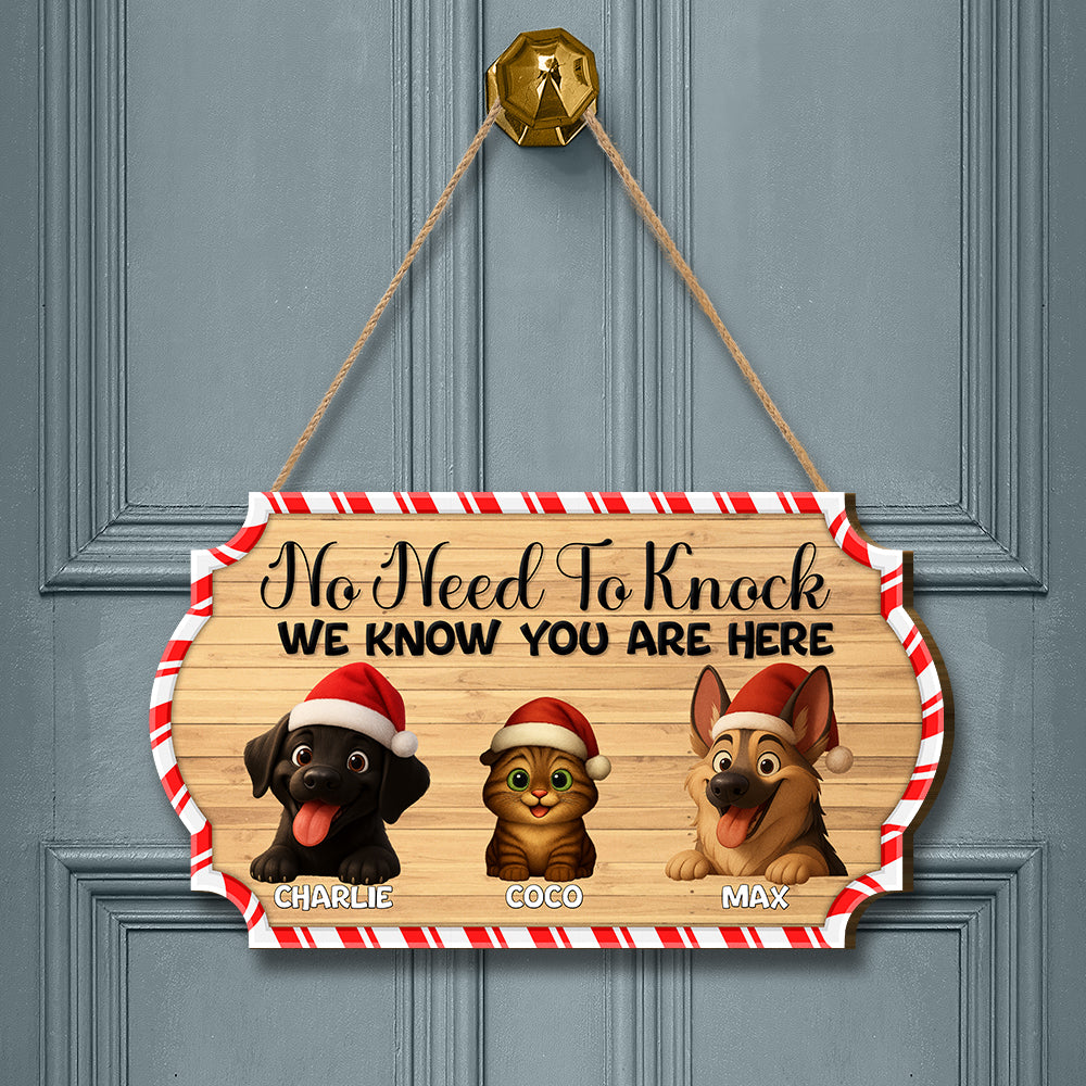 Personalized Christmas Pet Door Sign – “No Need to Knock, We Know You Are Here” – Cat & Dog Wooden Sign - Upload Photo
