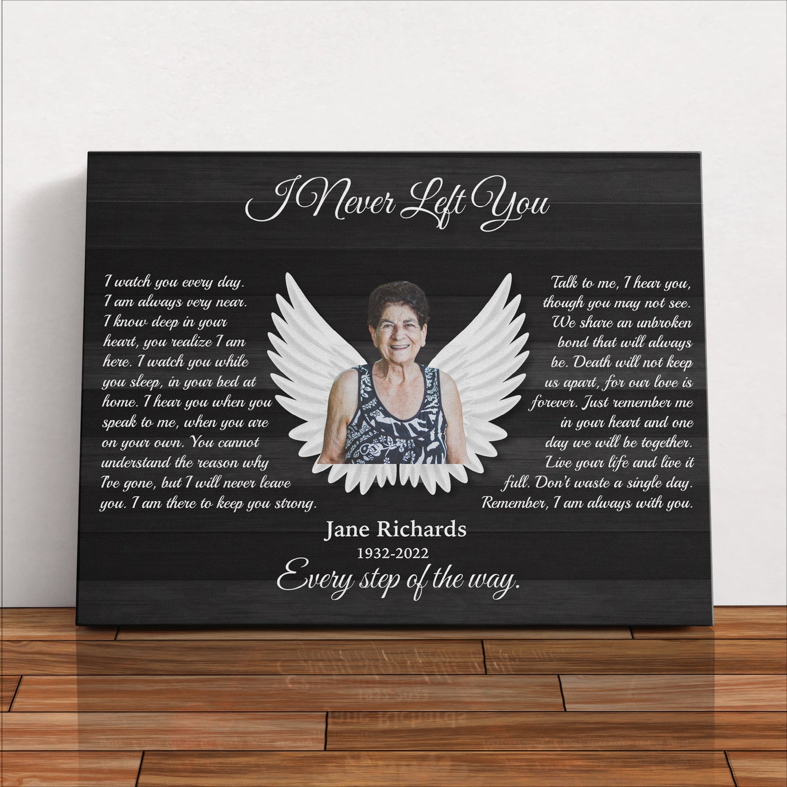 I Never Left You Memorial Canvas – Personalized Photo Frame with Angel Wings, Sympathy Gift, Bereavement Wall Art