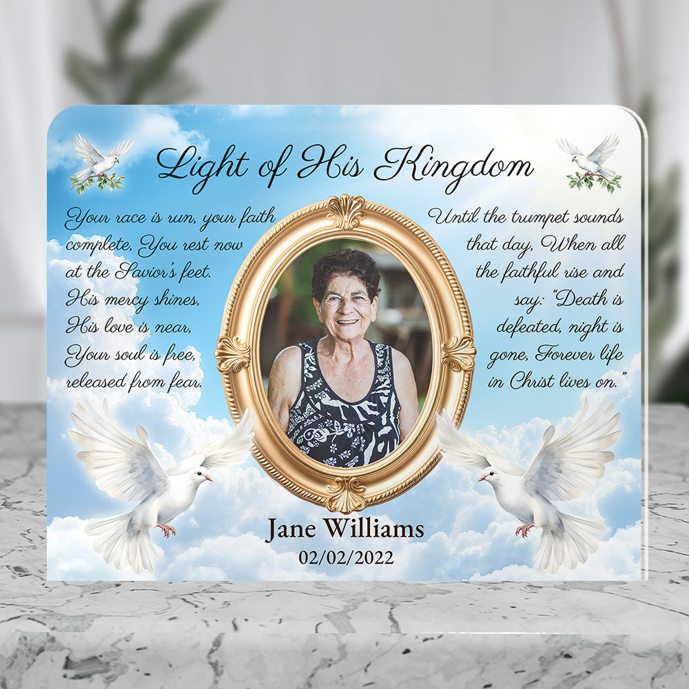 Personalized Memorial Plaque with Photo – Doves & Clouds, “Light of His Kingdom” Christian Sympathy Gift