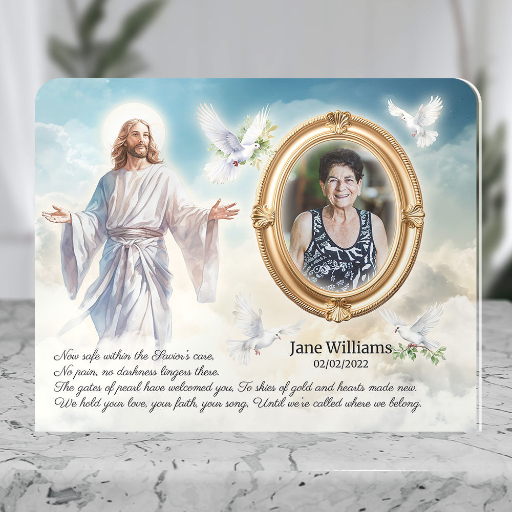 Personalized Memorial Plaque with Photo – Jesus & Doves, “Safe Within the Savior’s Care” Sympathy Gift