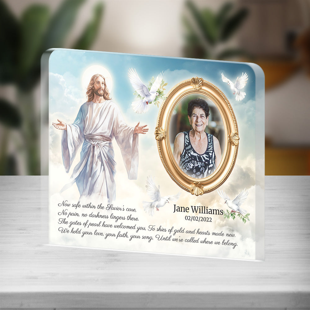 Personalized Memorial Plaque with Photo – Jesus & Doves, “Safe Within the Savior’s Care” Sympathy Gift