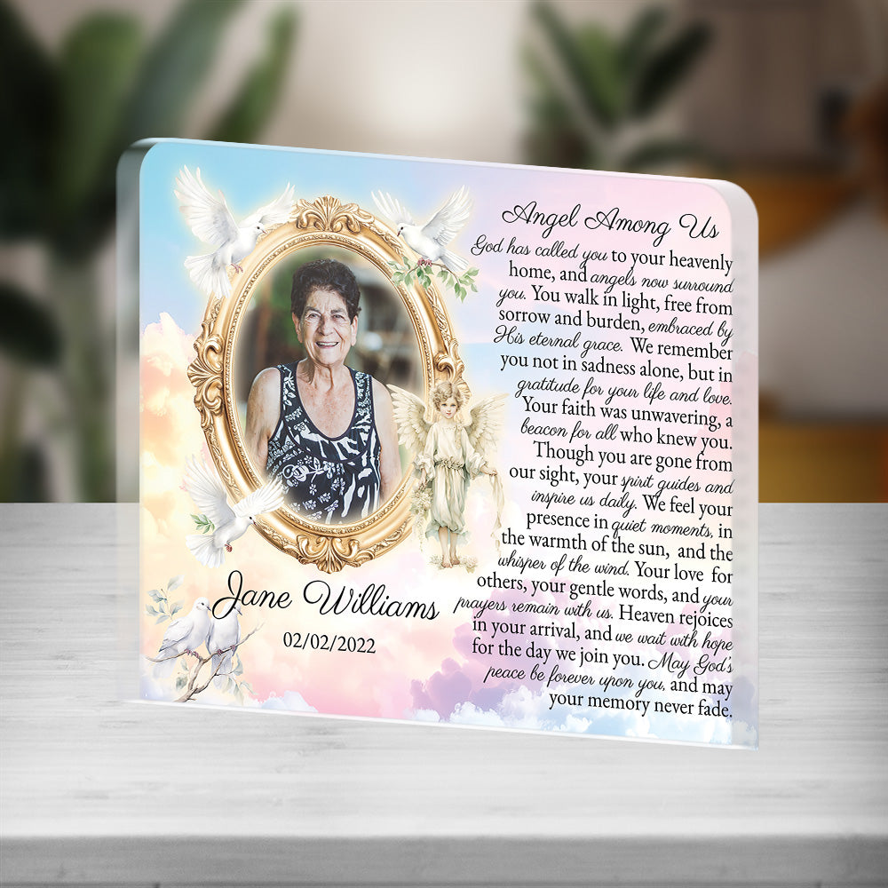 Personalized Memorial Plaque with Photo – Angel & Doves, “Angel Among Us” Sympathy Gift