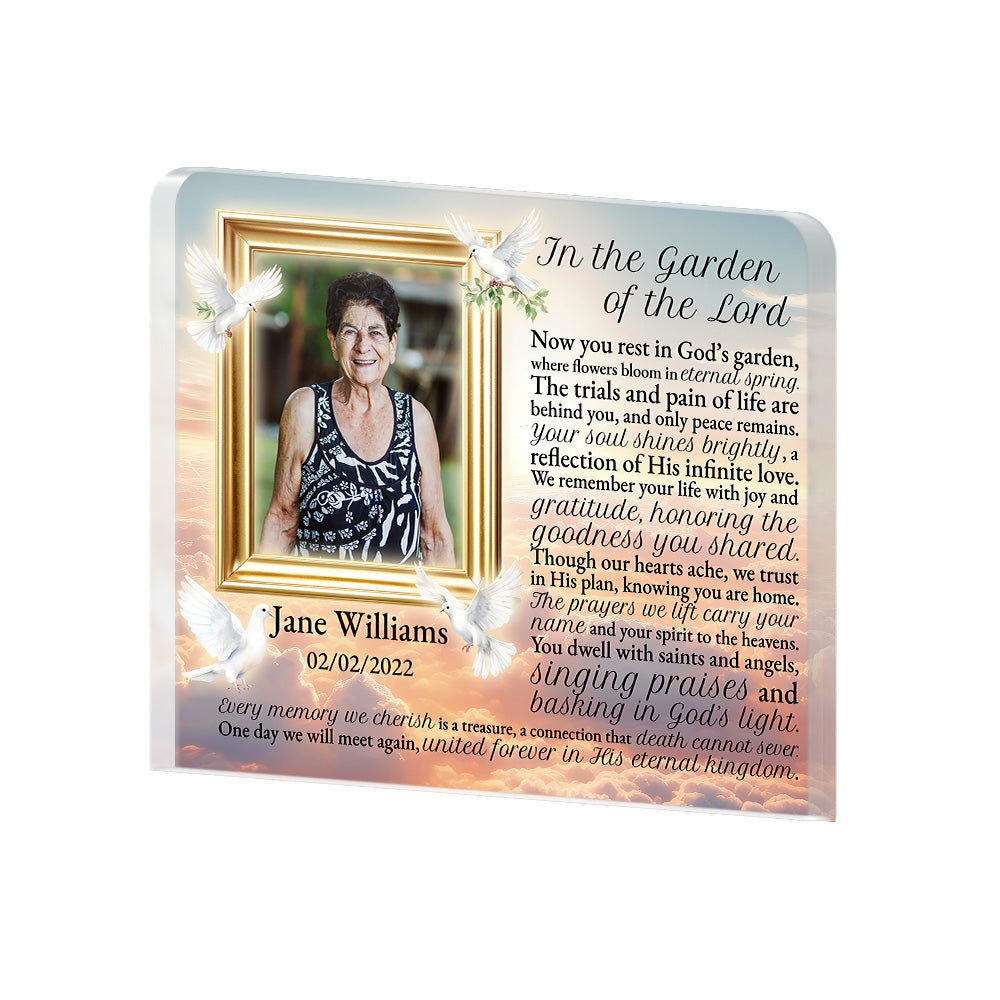 Personalized Memorial Plaque with Photo – Doves & Clouds, “In the Garden of the Lord” Christian Sympathy Gift