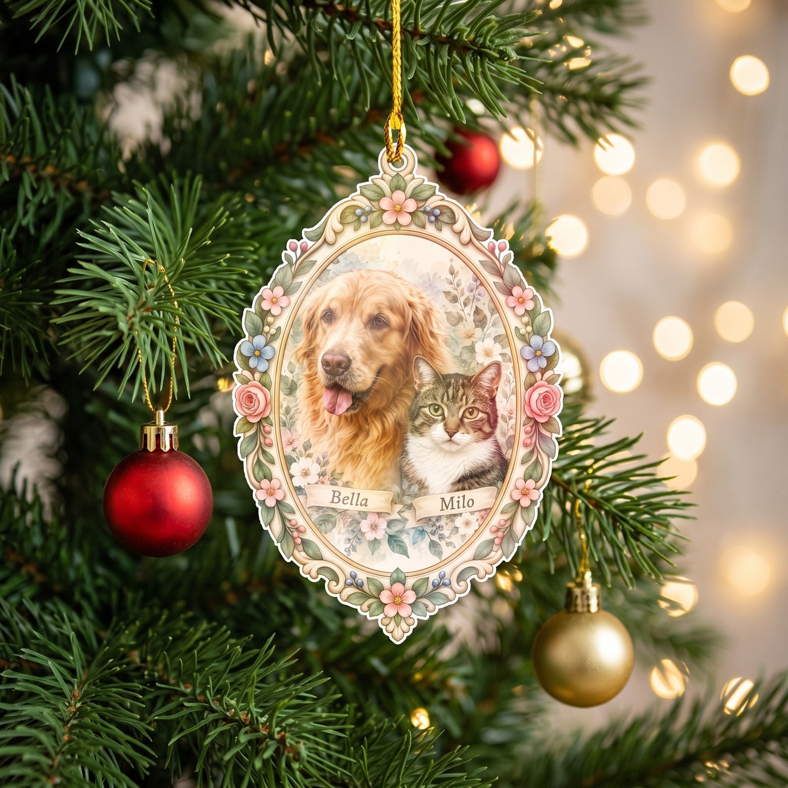 Personalized angel photo ornament hanging on a Christmas tree
