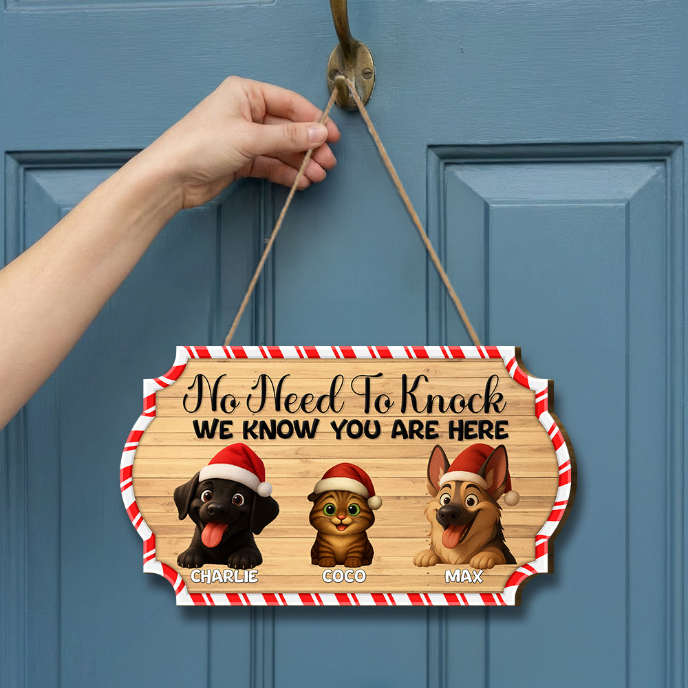 Personalized Christmas Pet Door Sign – “No Need to Knock, We Know You Are Here” – Cat & Dog Wooden Sign - Upload Photo