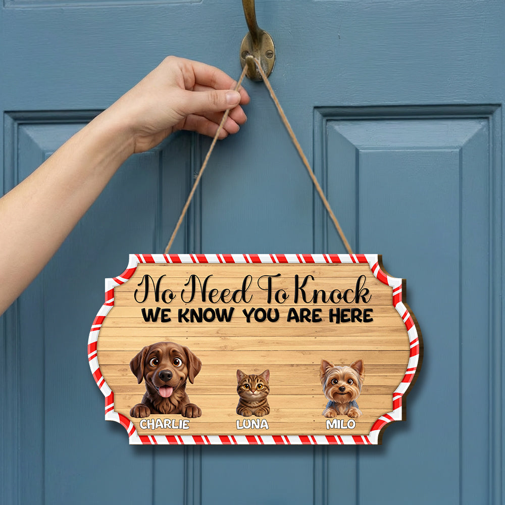 Personalized Christmas Pet Door Sign – “No Need to Knock, We Know You Are Here” – Cat & Dog Wooden Sign - Upload Photo