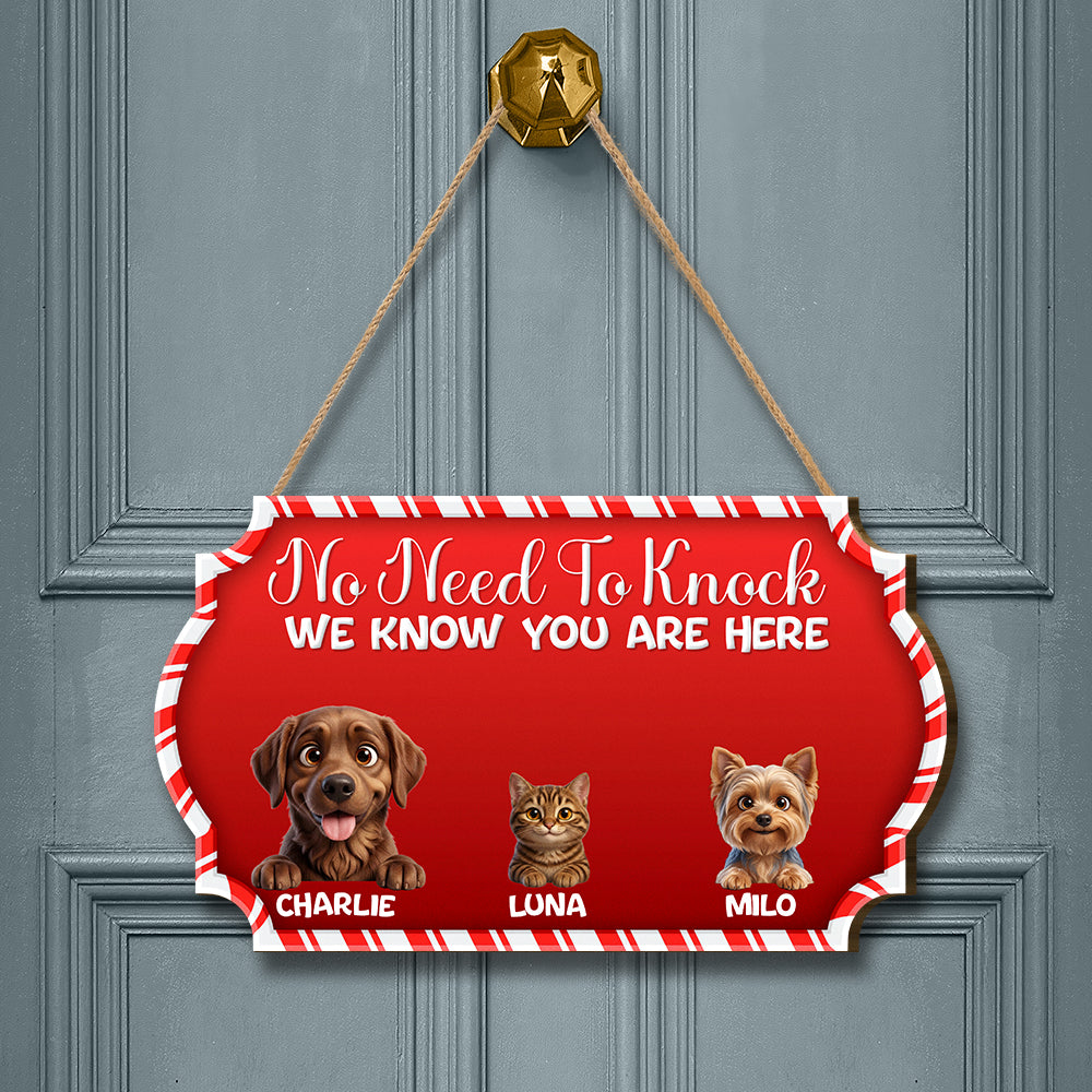 Personalized Christmas Pet Door Sign – “No Need to Knock, We Know You Are Here” – Cat & Dog Wooden Sign