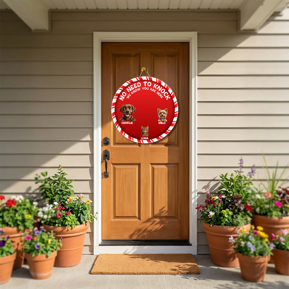 Personalized Christmas Pet Door Sign – “No Need to Knock, We Know You Are Here” – Cat or Dog Wooden Sign - Upload Photo