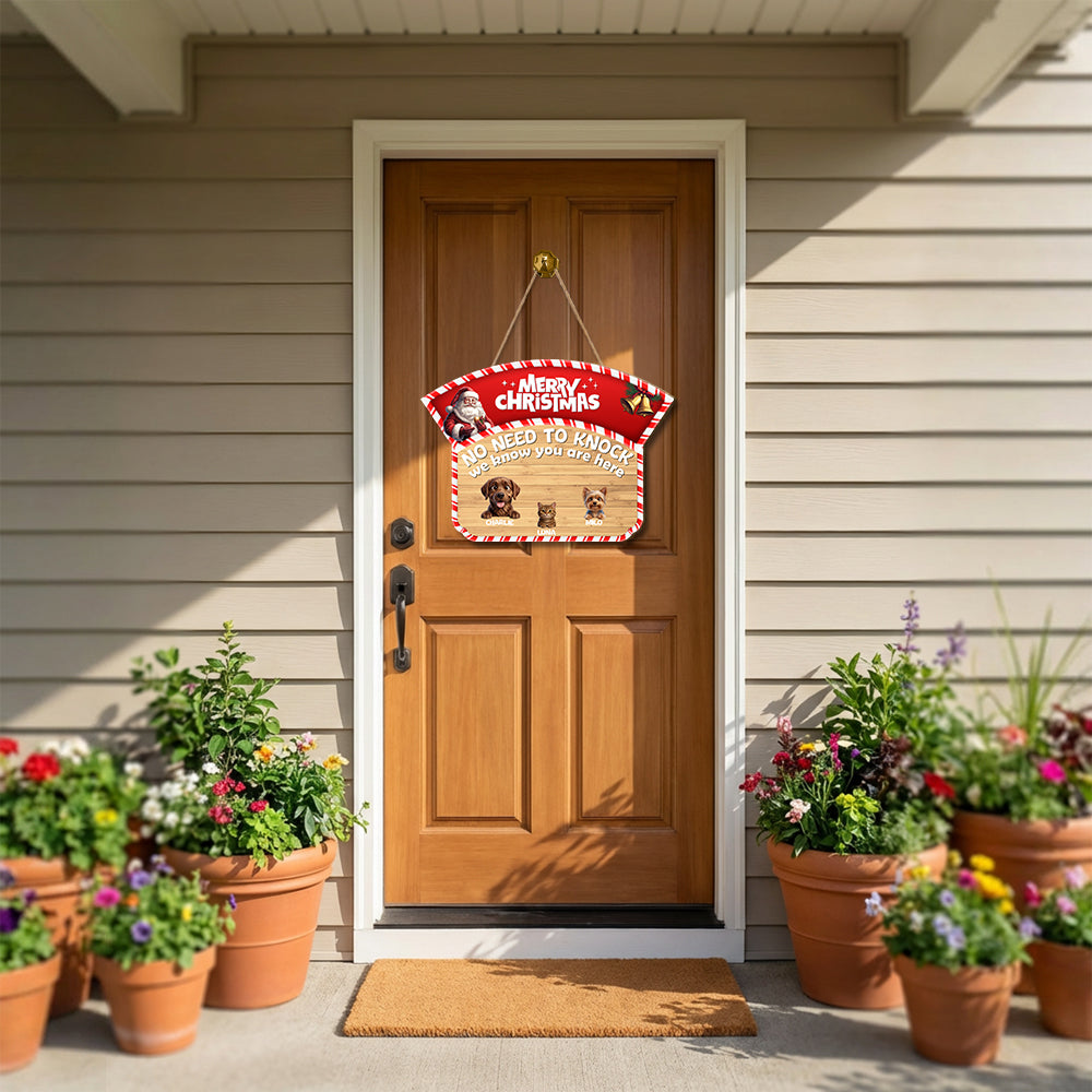 Personalized Christmas Pet Door Sign – “No Need to Knock, We Know You Are Here” – Cat or Dog Wooden Sign - Upload Photo
