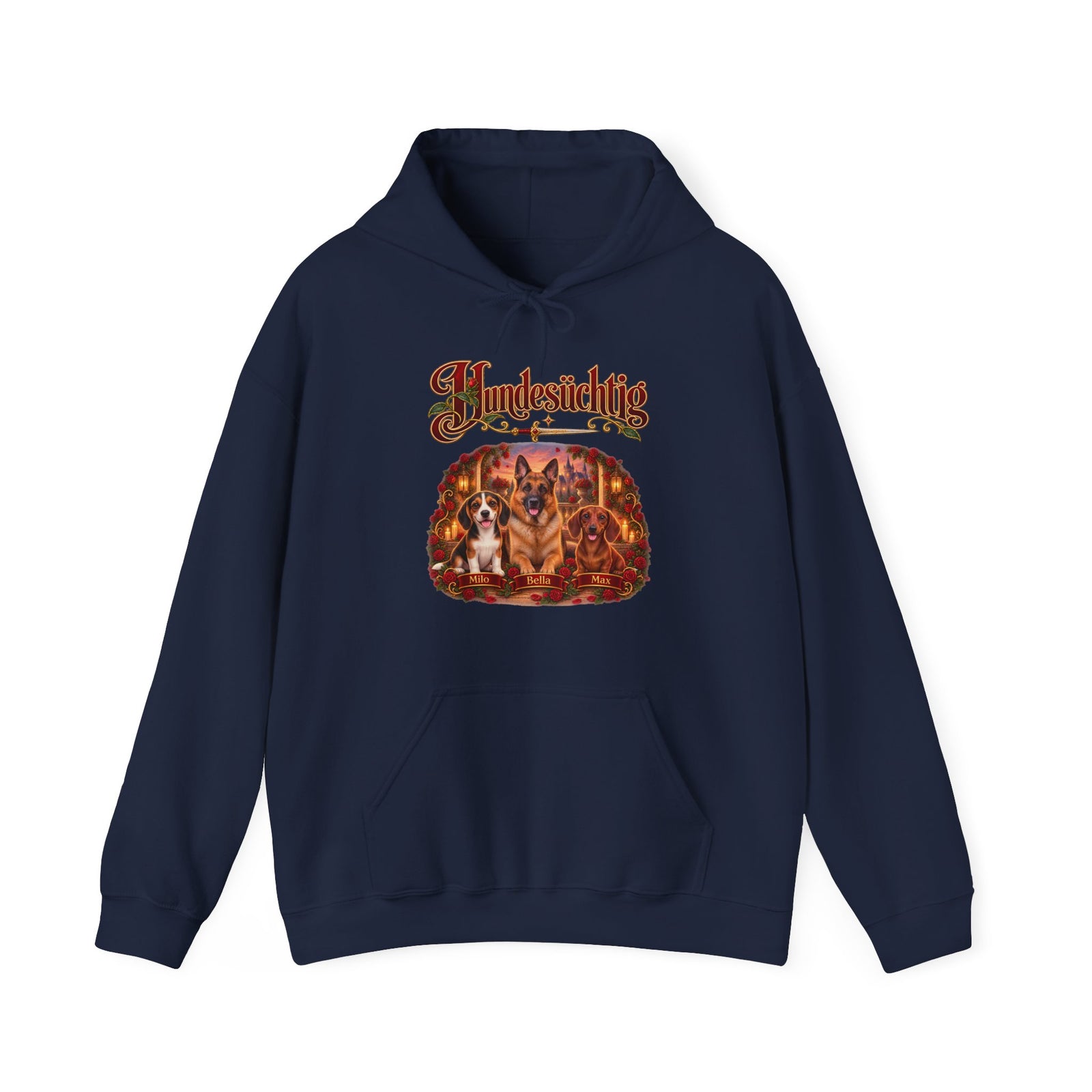 Personalisierter Hoodie mit Hund – Hundesüchtig Rosenmotiv