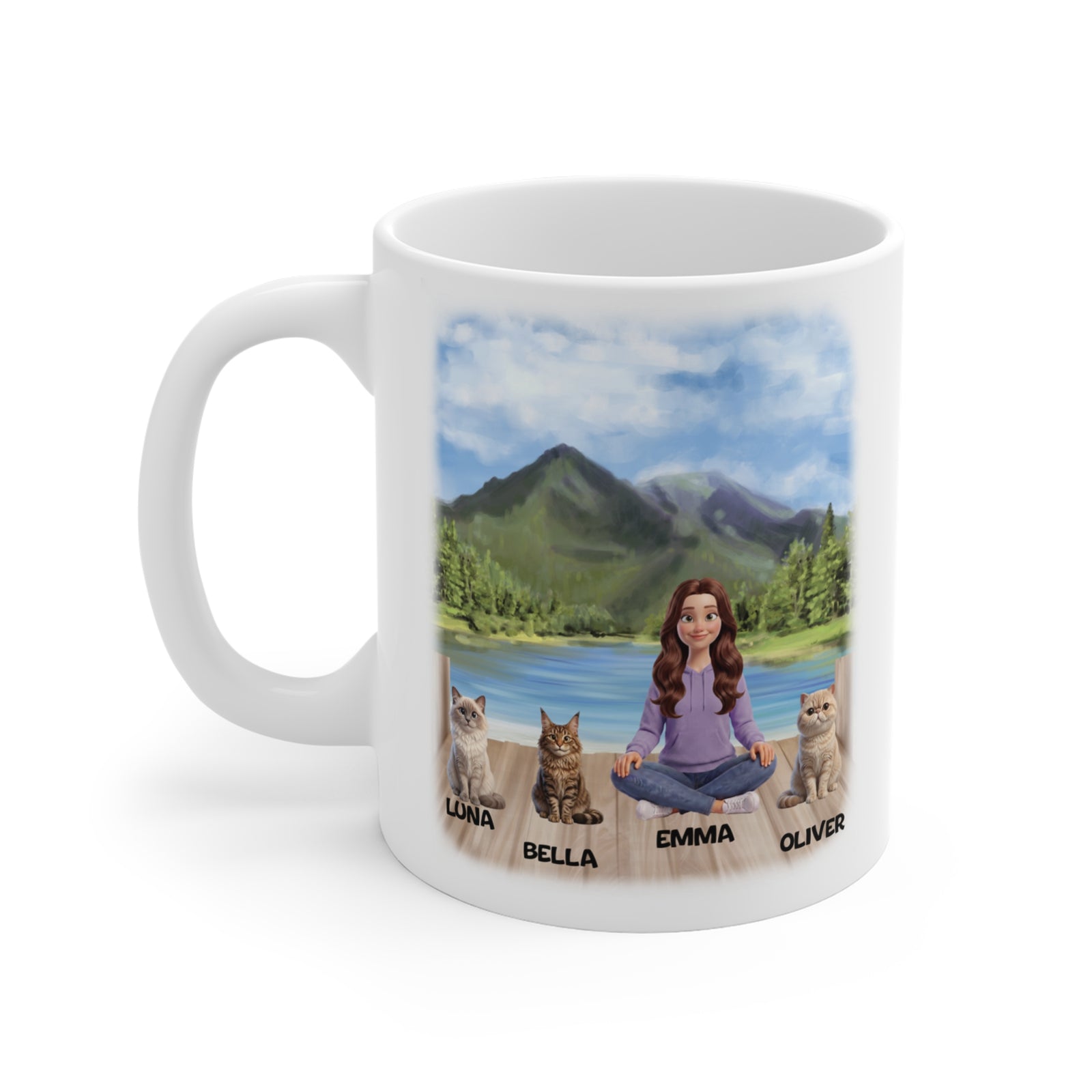 Personalisierte Katzen Tasse – Bergsee Steg