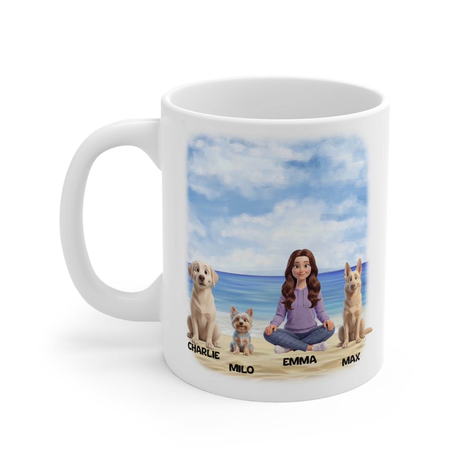 Personalisierte Tasse mit Hund – Strandszene