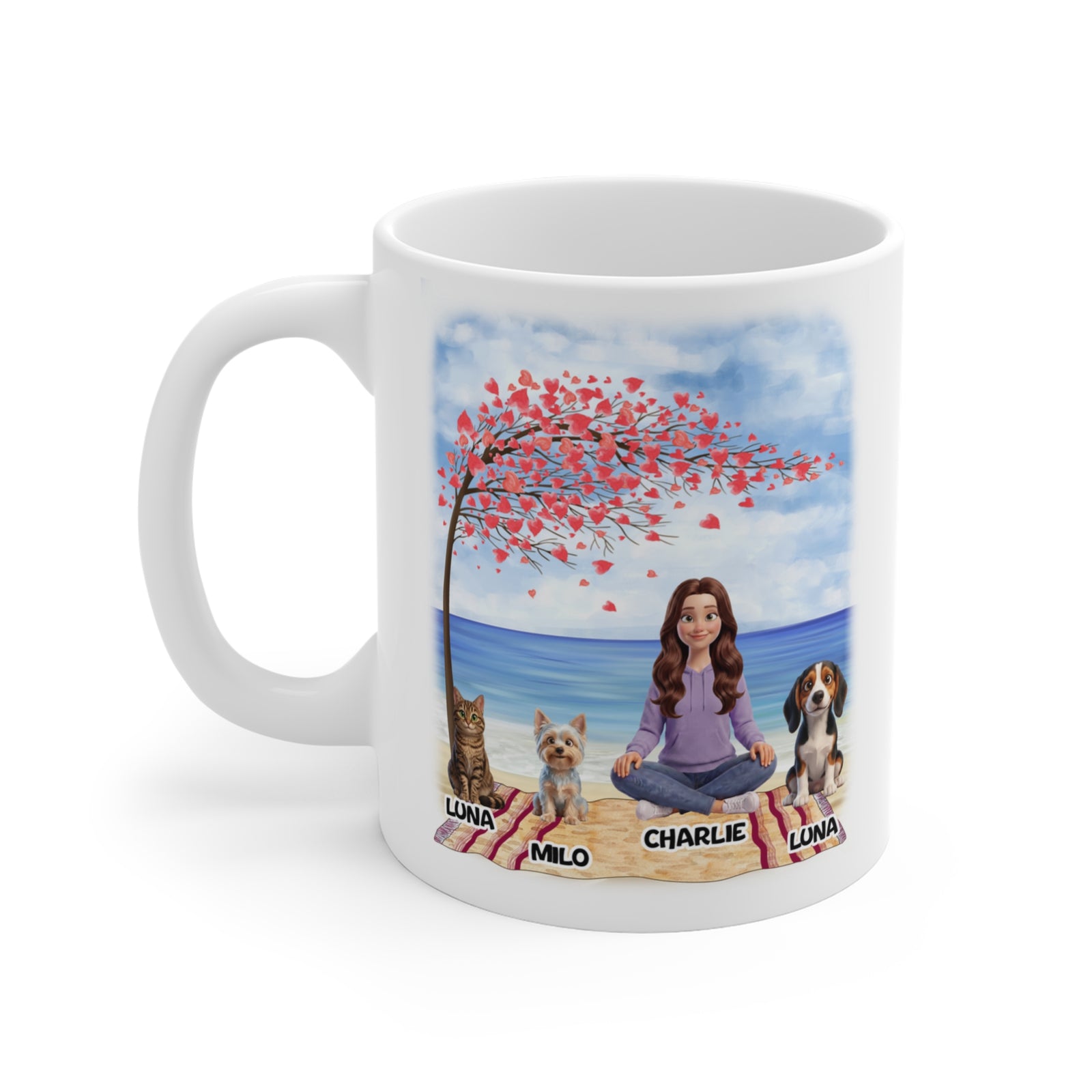 Personalisierte Tasse mit Katzen – Herzbaum am Strand