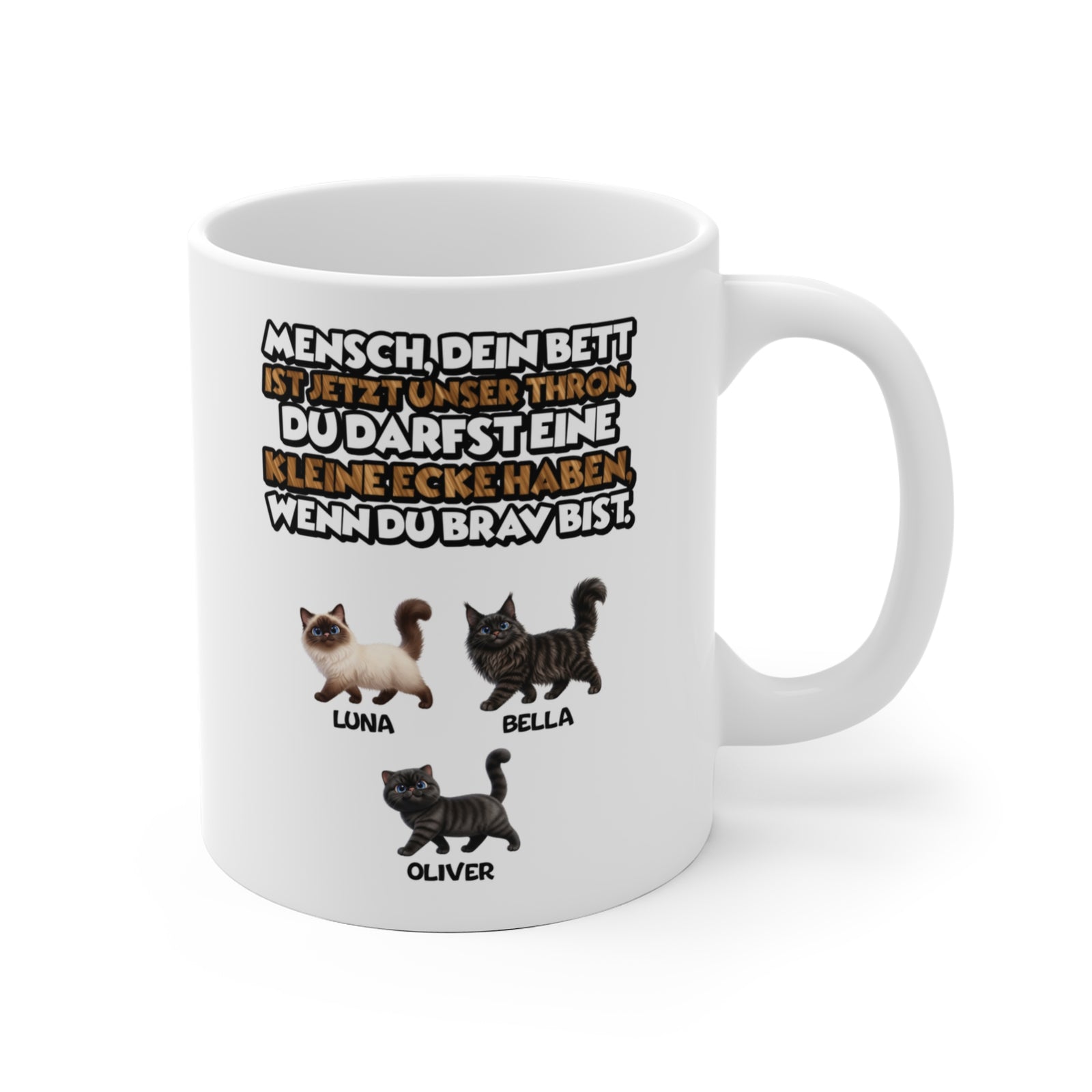 Personalisierte Katzen Tasse – Bett ist unser Thron – Foto 2