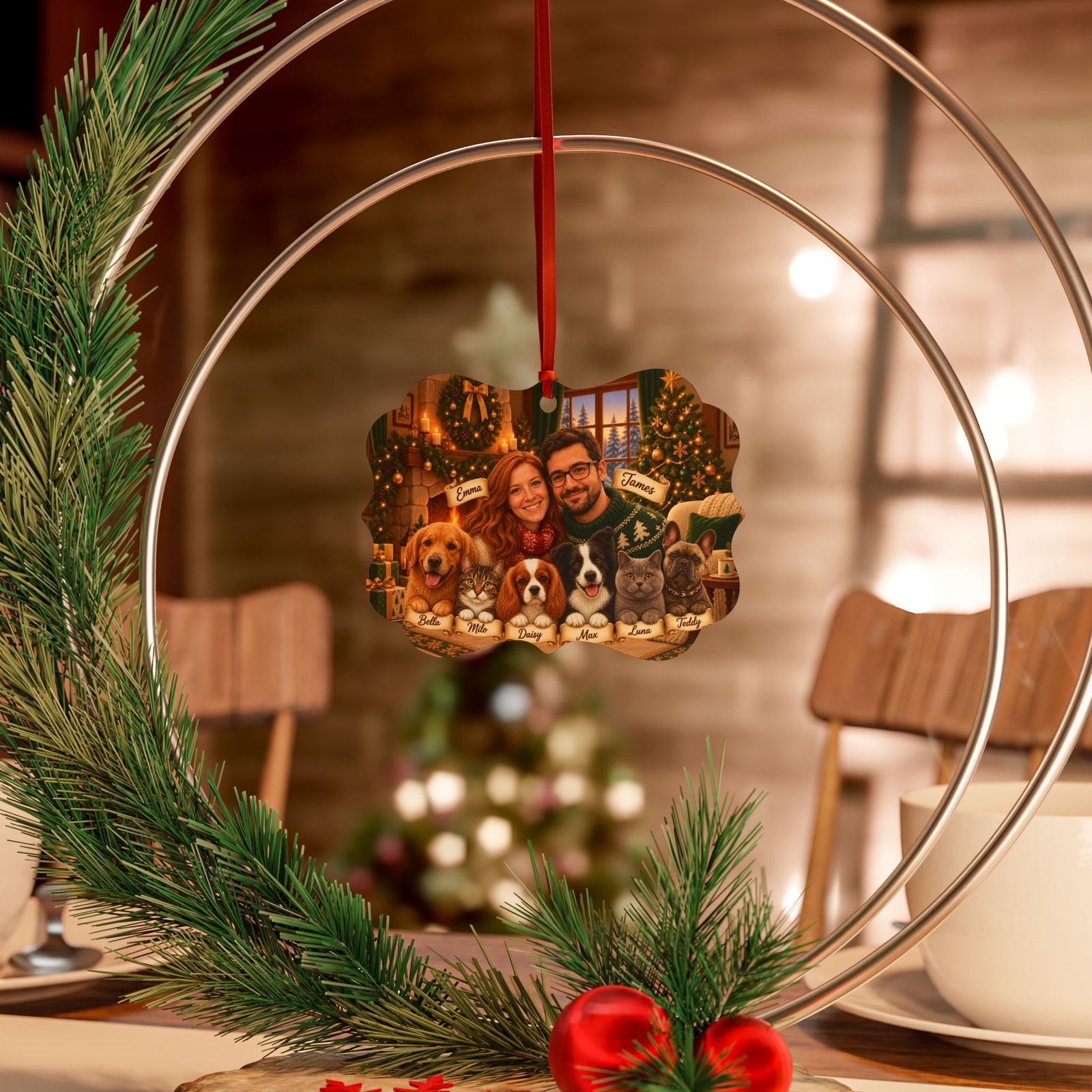 Christmas couple and pets ornament hanging in a wreath on a Christmas table