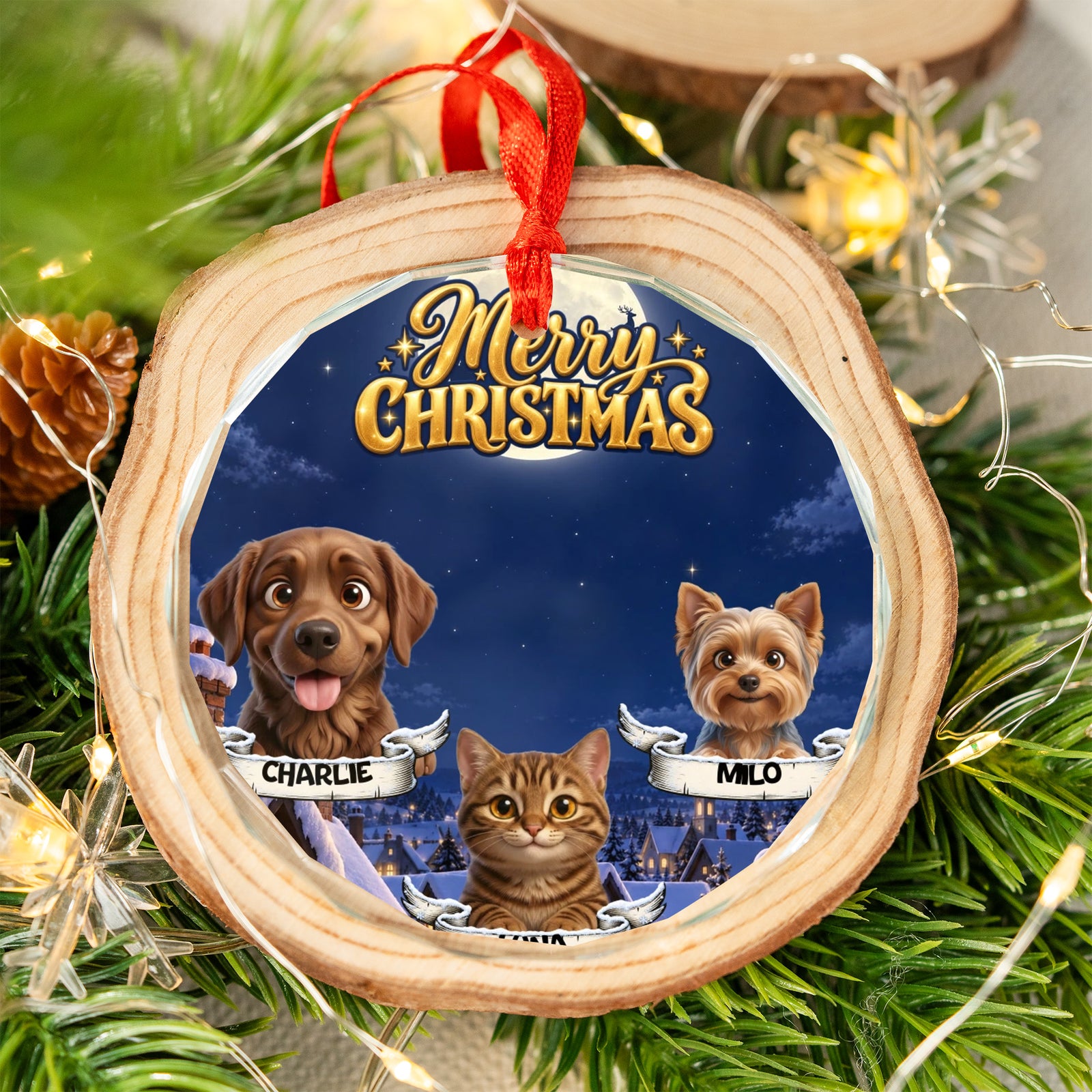 Personalized Pet Christmas Ornament – Moonlit Snowy Village – photo 2