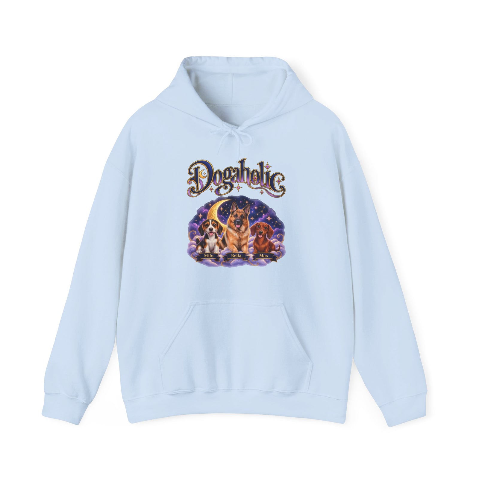 Personalized Graphic Tee – Dogaholic Celestial Dogs – Hoodie Light Blue