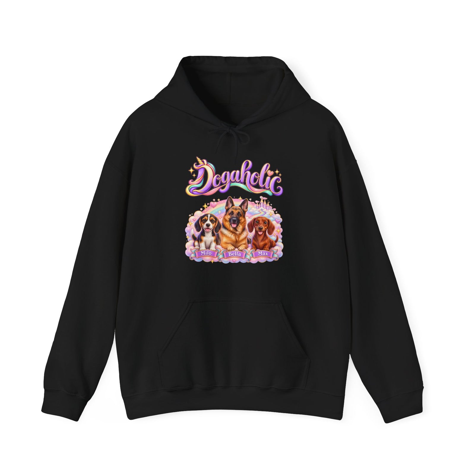 Personalized Graphic Tee – Dogaholic Unicorn Rainbow – Hoodie Black
