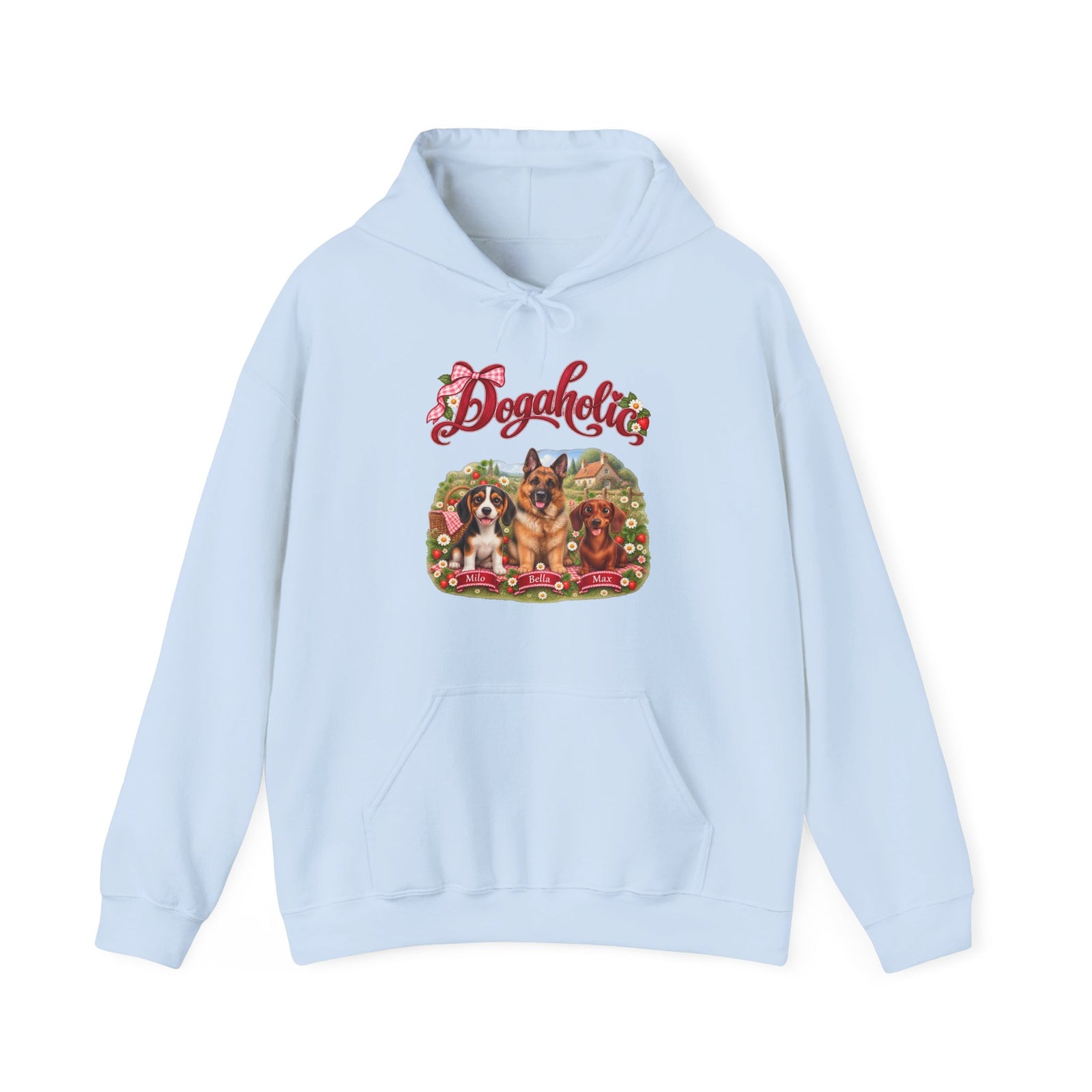 Personalized Graphic Tee – Dogaholic Strawberry Picnic – Hoodie Light Blue