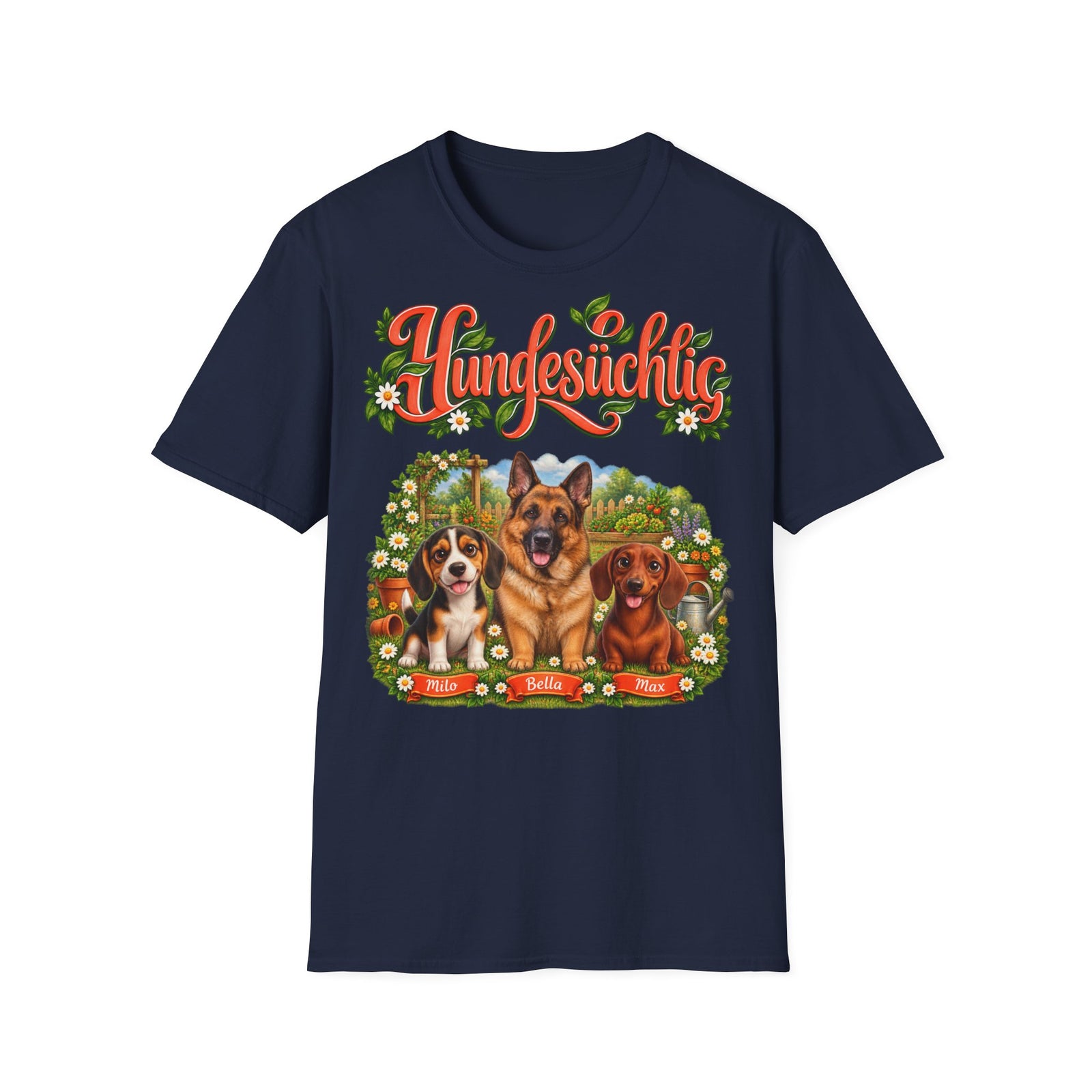 Personalisiertes T-Shirt – Hundesüchtig im Garten