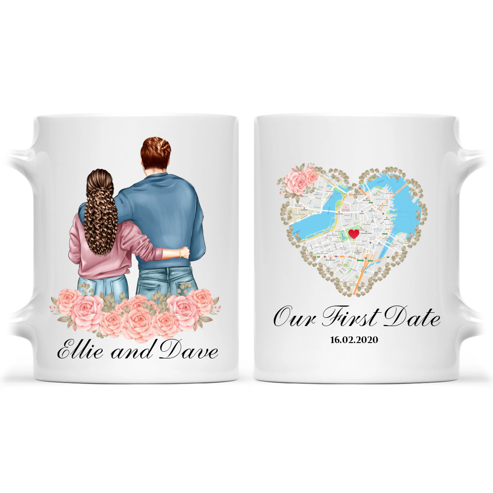 Tasse personnalisée pour couple avec emplacement - Cadeau pour lui/elle - Notre premier rendez-vous 
