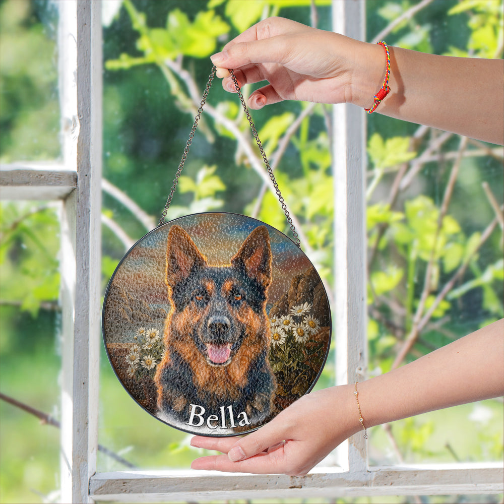 Personalized German Shepherd Daisies Stained Glass Ornament
