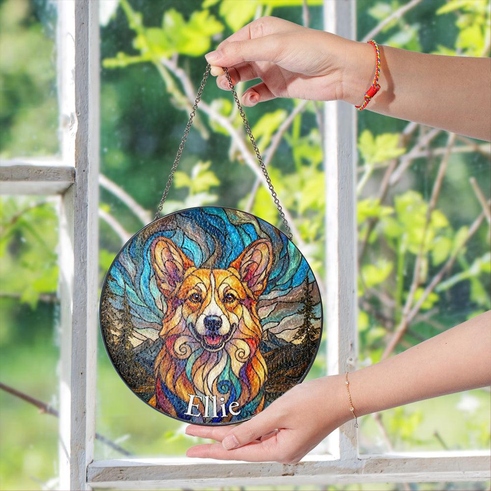 Personalized Corgi Mountainscape Stained Glass Ornament