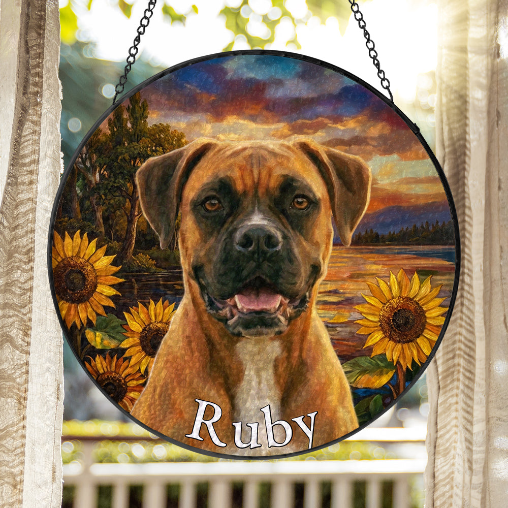 Personalized Boxer &amp; Sunflowers Stained Glass Ornament