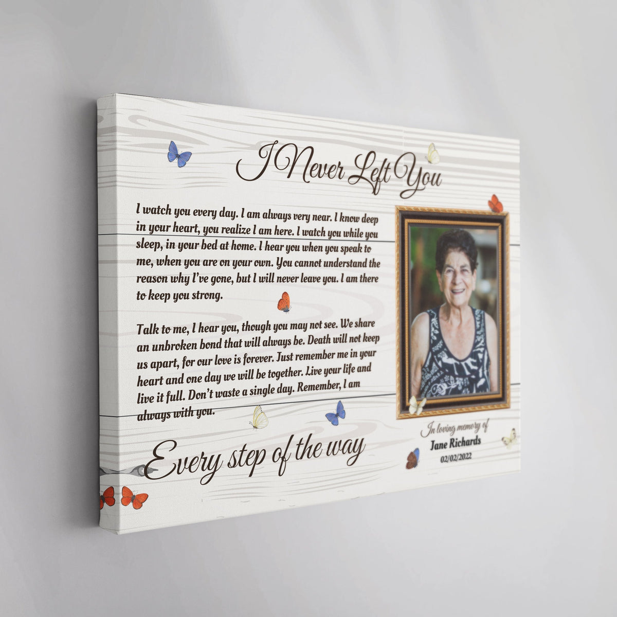 I Never Left You Memorial Canvas – Personalized Photo Frame with Butterflies, Bereavement Gift, Sympathy Wall Art