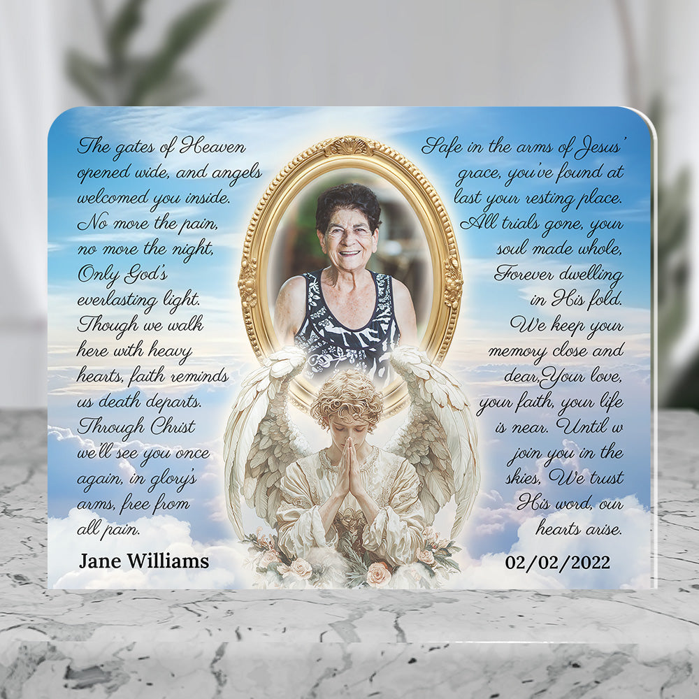Personalized Memorial Plaque with Photo – Praying Angel & Doves, “Safe in the Arms of Jesus” Sympathy Gift