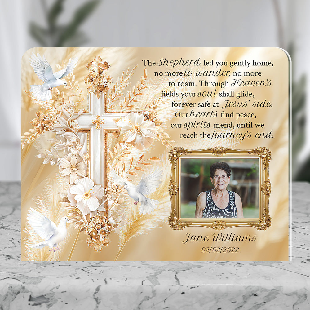 Personalized Memorial Plaque with Photo – Golden Cross &amp; Doves, “Journey’s End” Christian Sympathy Gift