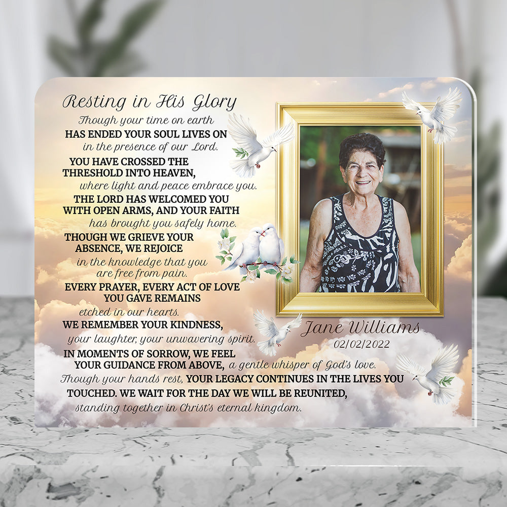 Personalized Memorial Plaque with Photo – Golden Clouds & Doves, “Resting in His Glory” Christian Sympathy Gift
