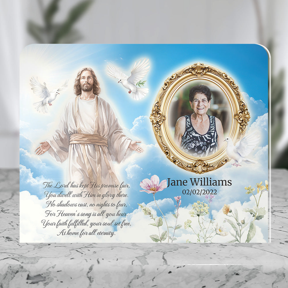Personalized Memorial Plaque with Photo – Jesus & Doves, “At Home for All Eternity” Christian Sympathy Gift