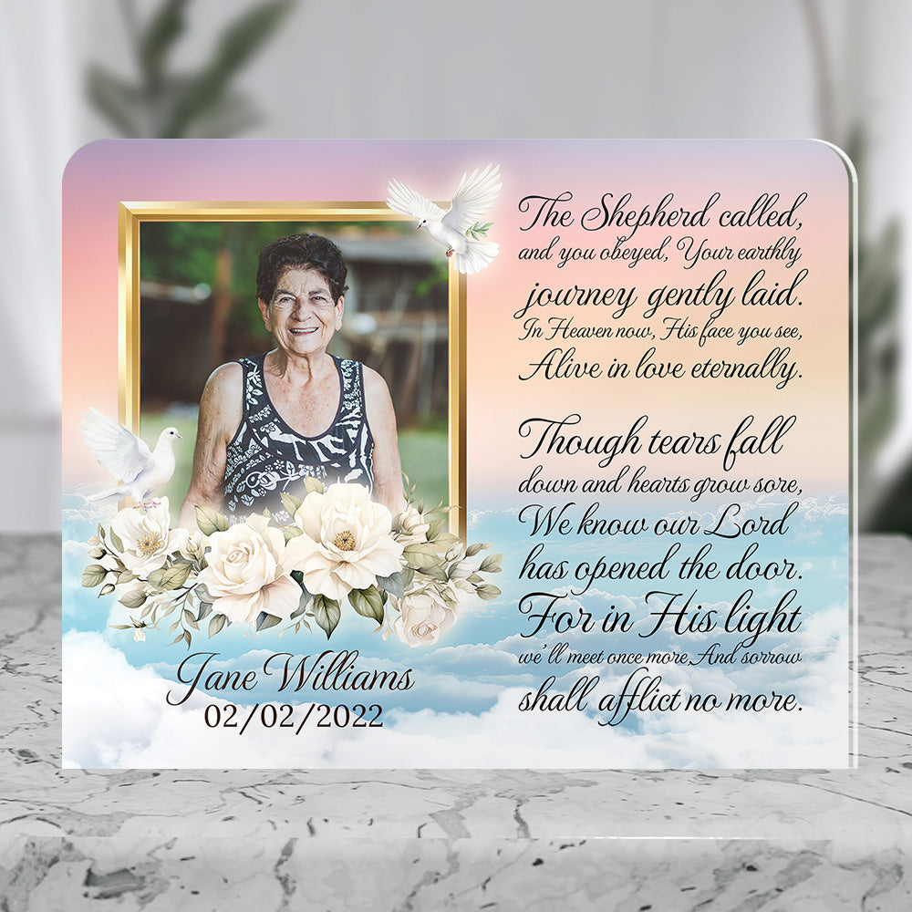 Personalized Memorial Plaque with Photo – White Roses &amp; Doves, “The Shepherd Called” Sympathy Gift