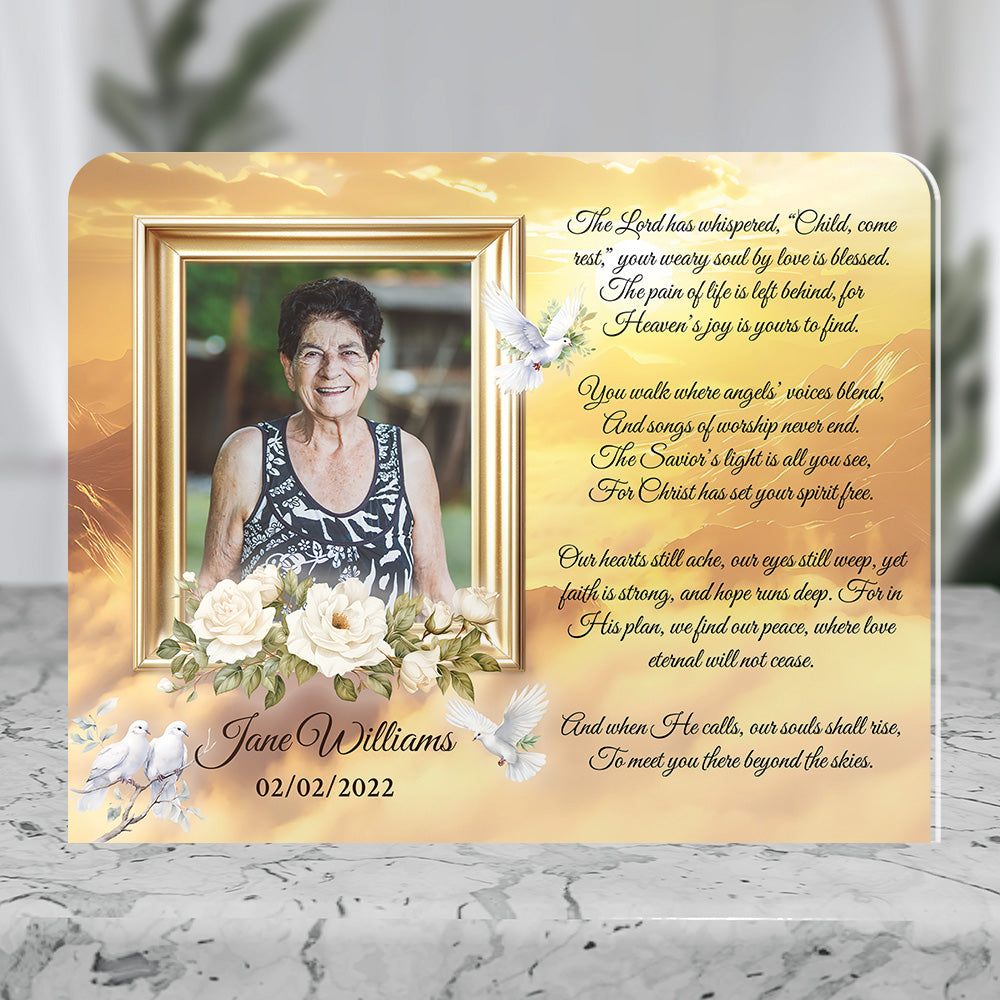 Personalized Memorial Plaque with Photo – Golden Sky & Doves, “Child, Come Rest” Christian Sympathy Gift