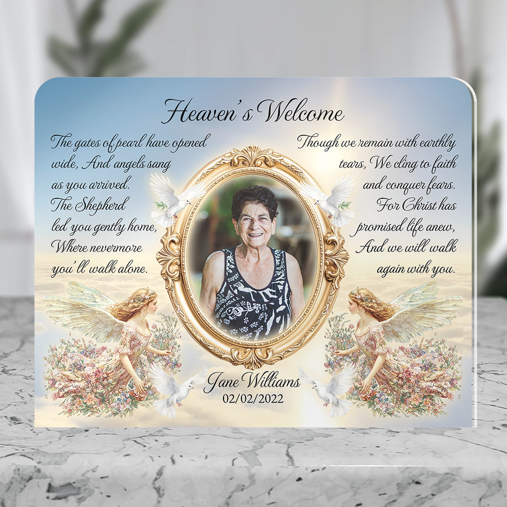 Personalized Memorial Plaque with Photo – Angels &amp; Doves, “Heaven’s Welcome” Christian Sympathy Gift