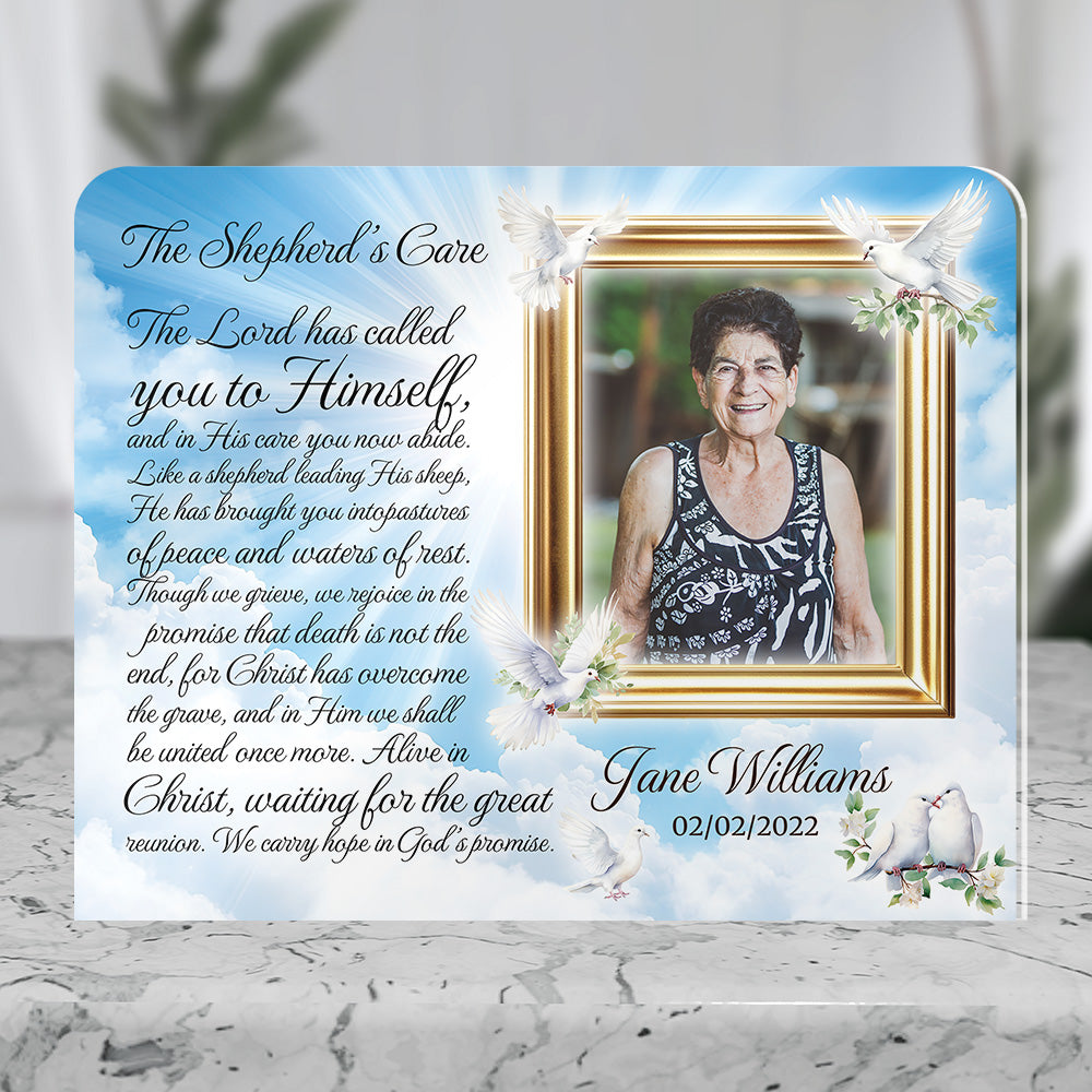 Personalized Memorial Plaque with Photo – Doves & Sky, “The Shepherd’s Care” Christian Sympathy Gift