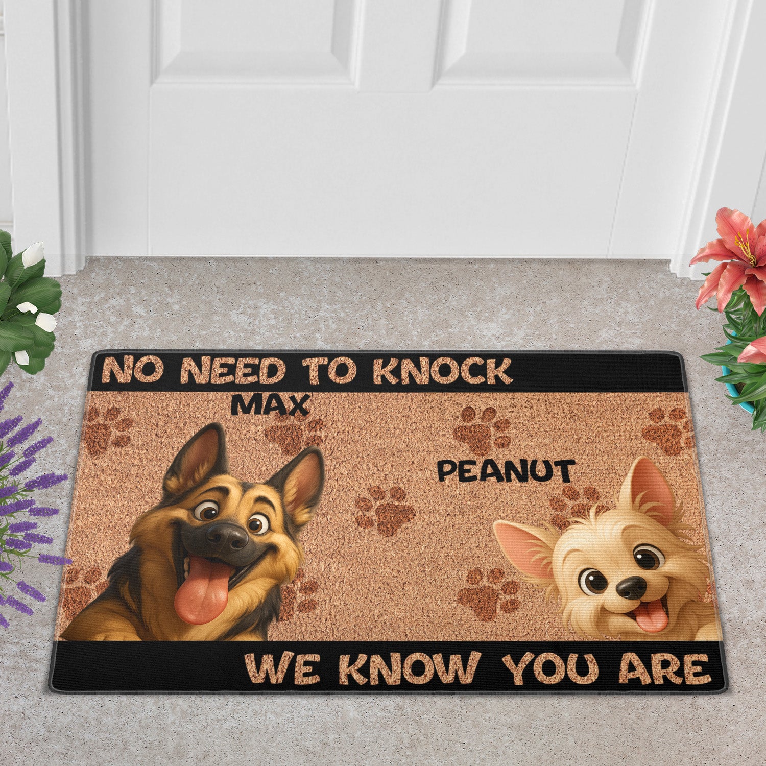 Personalized “No Need to Knock” Doormat – Custom Dog & Cat Doormat with Pet Names – Funny Welcome Mat