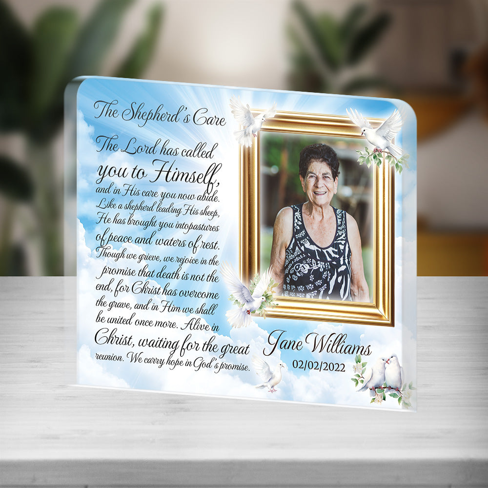 Personalized Memorial Plaque with Photo – Doves & Sky, “The Shepherd’s Care” Christian Sympathy Gift