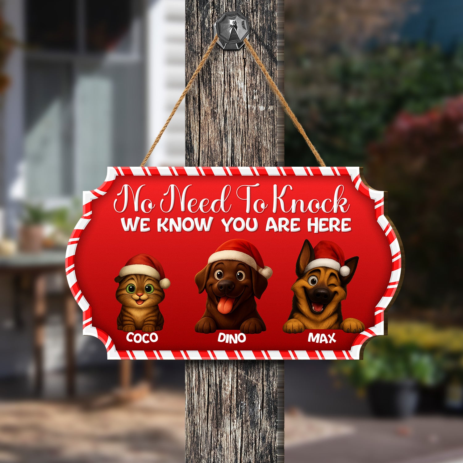 Personalized Christmas Pet Door Sign – “No Need to Knock, We Know You Are Here” – Cat & Dog Wooden Sign