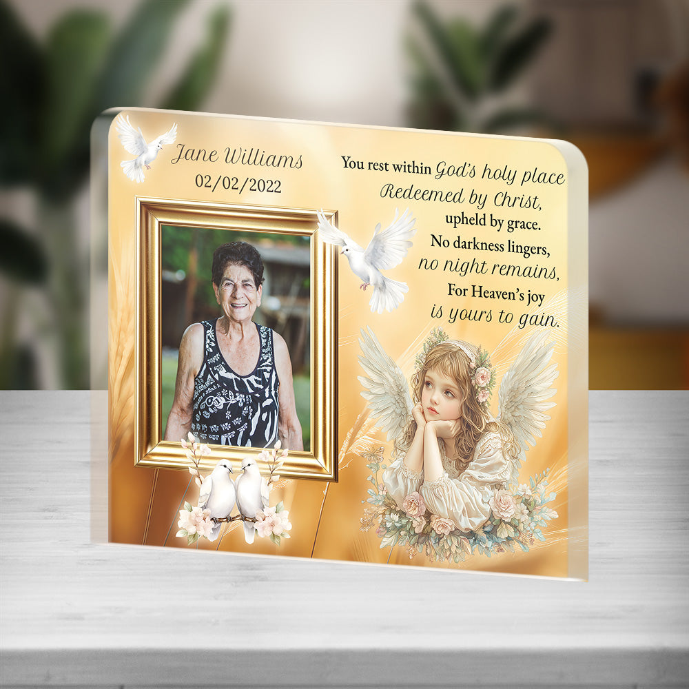 Personalized Memorial Plaque with Photo – Angel & Doves, “God’s Holy Place” Christian Sympathy Gift