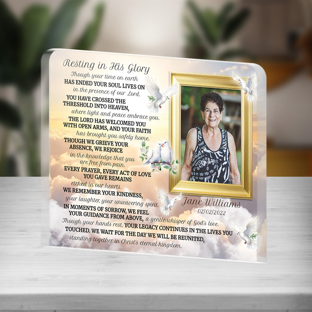 Personalized Memorial Plaque with Photo – Golden Clouds & Doves, “Resting in His Glory” Christian Sympathy Gift