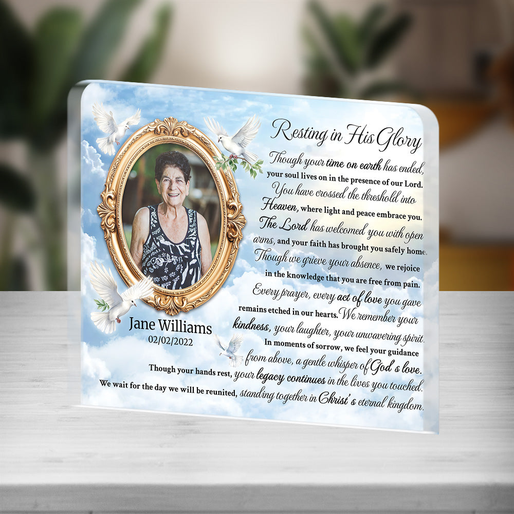 Personalized Memorial Plaque with Photo – Doves & Clouds, “Resting in His Glory” Christian Sympathy Gift