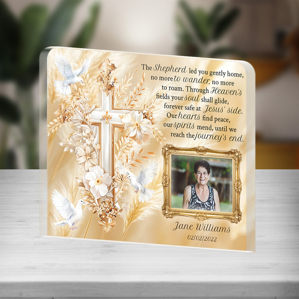 Personalized Memorial Plaque with Photo – Golden Cross & Doves, “Journey’s End” Christian Sympathy Gift