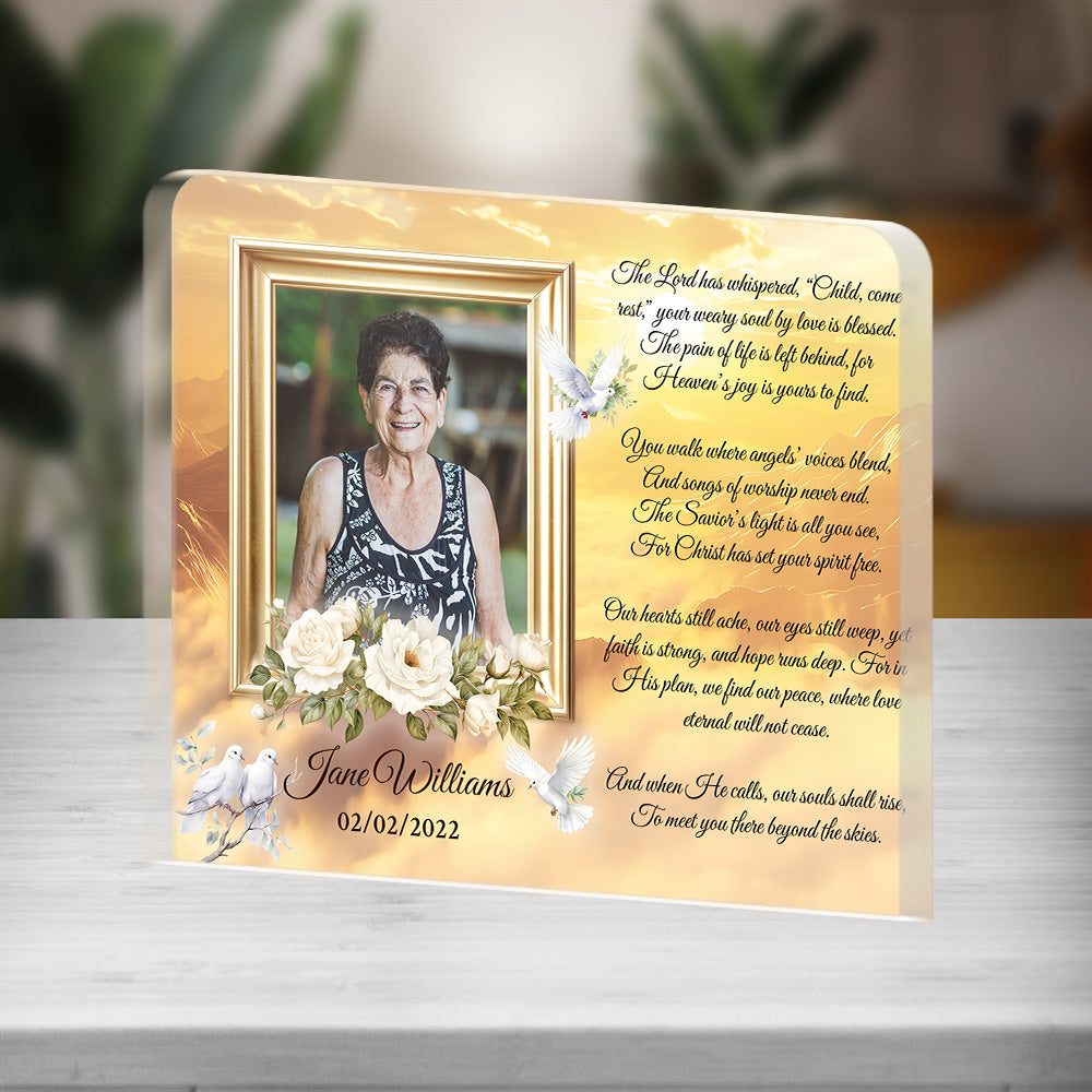 Personalized Memorial Plaque with Photo – Golden Sky & Doves, “Child, Come Rest” Christian Sympathy Gift