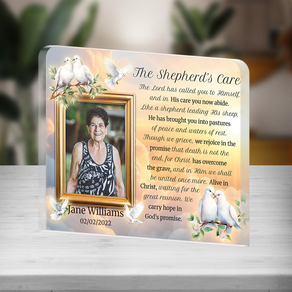 Personalized Memorial Plaque with Photo – Doves & Golden Sky, “The Shepherd’s Care” Christian Sympathy Gift
