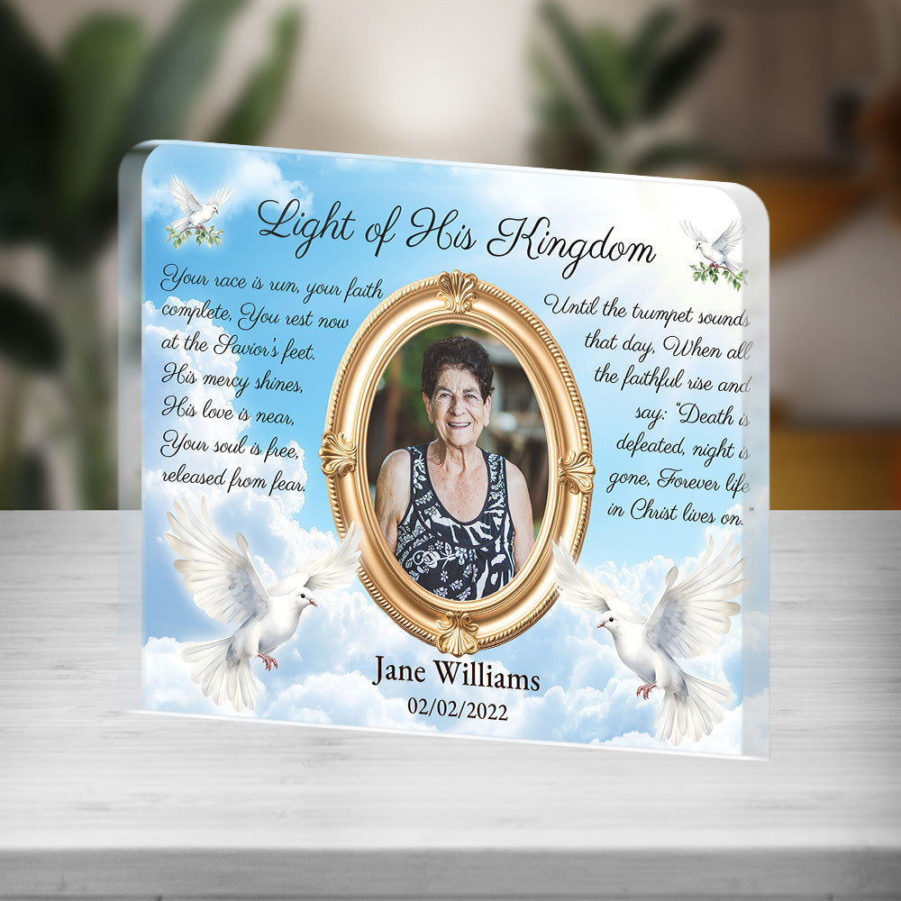 Personalized Memorial Plaque with Photo – Doves & Clouds, “Light of His Kingdom” Christian Sympathy Gift