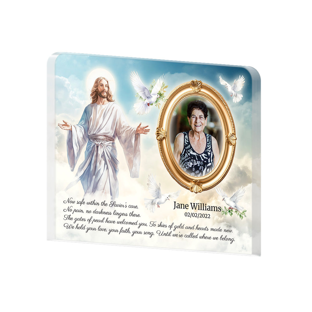 Personalized Memorial Plaque with Photo – Jesus & Doves, “Safe Within the Savior’s Care” Sympathy Gift
