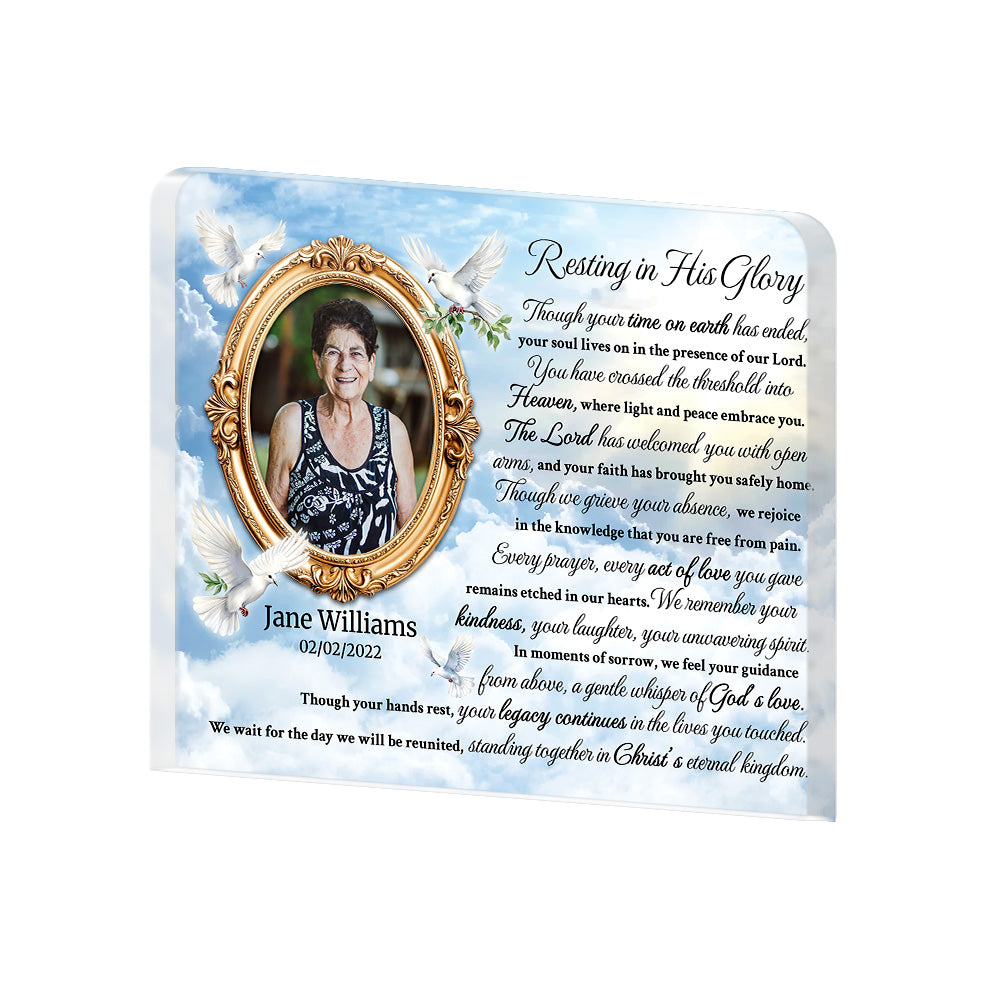 Personalized Memorial Plaque with Photo – Doves & Clouds, “Resting in His Glory” Christian Sympathy Gift